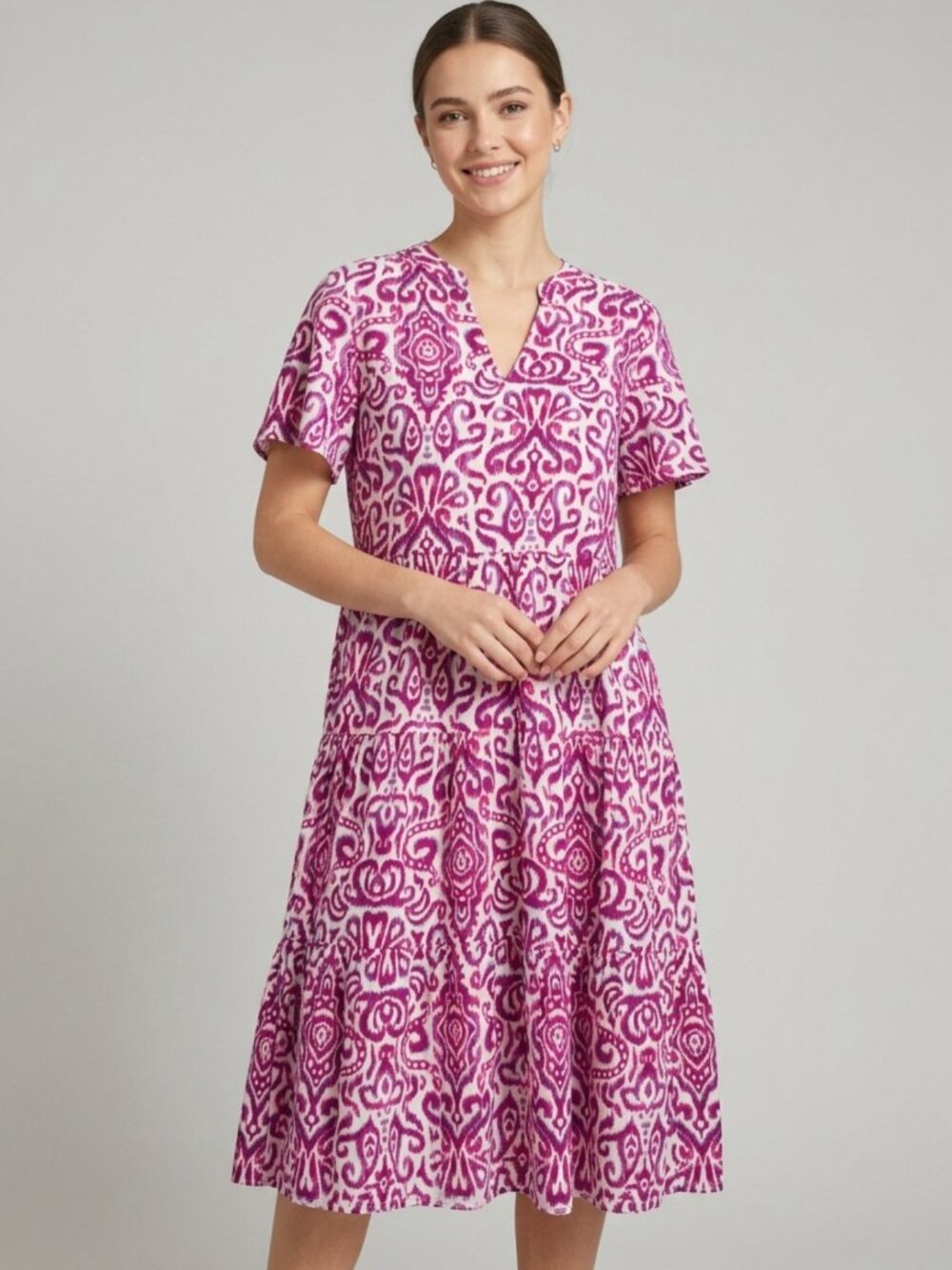 NWT Hejoy Magenta Ikat Paisley Print Pocket Dress Side Zipper Medium